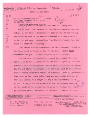 State Department Telegram to the American Embassy in Moscow Regarding the U.S. Position with Respect to the U-2 Plane