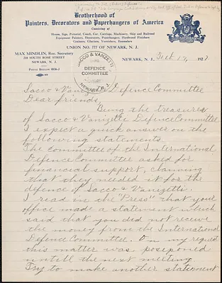 Max Mindlin (Sacco & Vanzetti Committee of Newark, New Jersey) autograph letter signed to Sacco-Vanzetti Defense Committee, Newark, New Jersey, February 17, 1927