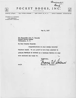 Letter from Maurice W. Salomon to Senator John F. Kennedy on the Pulitzer Prize, 8 May 1957