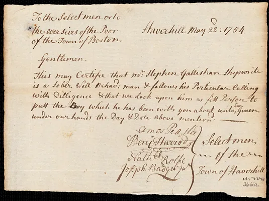 Endorsement Certificate for Stephen Gallisham from the Selectmen of the town of Haverhill., 22 May 1754