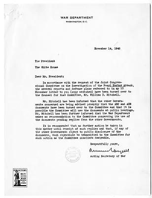 Letter from Acting Secretary of War Kenneth Royall to President Harry S. Truman, with Related Material