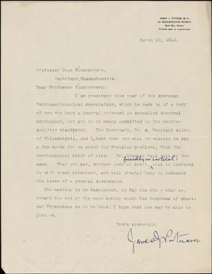 Putnam, James Jackson, 1846-1918 typed letter signed to Hugo Münsterberg, Boston, 20 March 1913