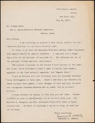 Leonard D. Abbott typed letter signed to Joseph Moro (Sacco-Vanzetti Defense Committee), New York, N.Y., May 10, 1927