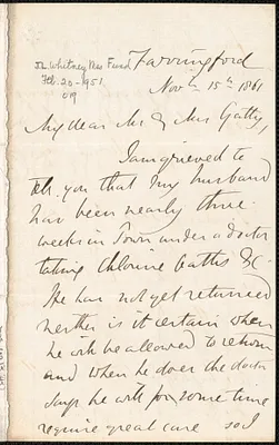 Emily Tennyson autograph letter signed to Mr. and Mrs. Gatty, Farringford, [Isle of Wight], 15 November 1861