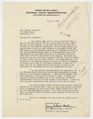 Letter, Mary McLeod Bethune to Eleanor Roosevelt