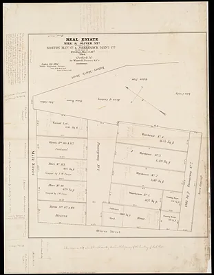 Real estate on Milk & Oliver Sts. belonging to the Boston Mang. Co. & Merrimack Mang. Co. to be sold on Friday, March 15th 1844 12 o'clock m. by Whitwell Seaver & Co