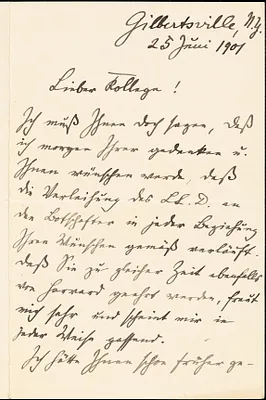 Francke, Kuno, 1855-1930 autograph letter signed to Hugo Münsterberg, Gilbertsville, N.Y., 25 June 1901