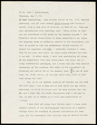 James, William, 1842-1910 typed letter signed to Hugo Münsterberg, Florence, Italy, 7 January 1893