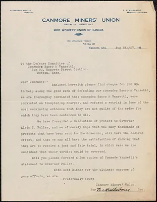 E. W. Mallabone typed letter signed to Sacco-Vanzetti Defense Committee, Canmore, Canada, August 8, 1927