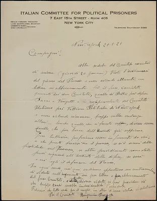 Benjamin Pasquale (Italian Committee for Political Prisoners) autograph letter signed, in Italian, to Sacco-Vanzetti Defense Committee, New York, N.Y., January 21, 1921