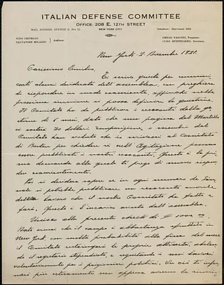 Luigi Quintiliano (Italian Defense Committee) autograph letter signed, in Italian, to Emilio Coda, New York, N.Y., December 2, 1921