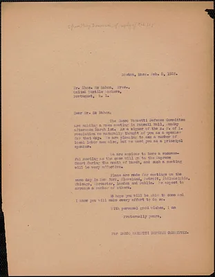 Sacco-Vanzetti Defense Committee typed letter (copy) to Thomas F. McMahon (United Textile Workers), Boston, Mass., February 5, 1925