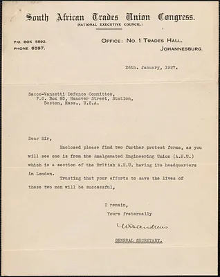 W. Andrews (South African Trades Union Congress) typed note signed to Sacco-Vanzetti Defense Committee, Johannesburg, South Africa, January 26, 1927
