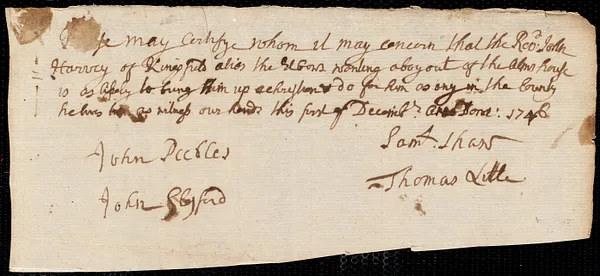 John Kelly indentured to apprentice with John Harvey of Kingsfield, 25 December 1746