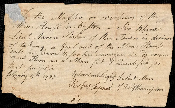 Susannah Peirse indentured to apprentice with Asron [Aaron] Fisher of Westhampton, 12 February 1783