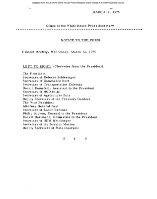 Cabinet Meeting, Wednesday, March 12, 1975 [Meeting Attendee List]