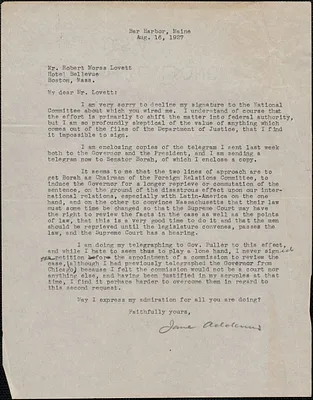 Jane Addams typed letter signed to Robert Morss Lovett, Bar Harbor, Me., August 16, 1927