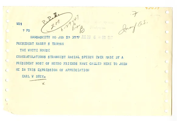 Telegram from Earl W. Beck to President Harry S. Truman