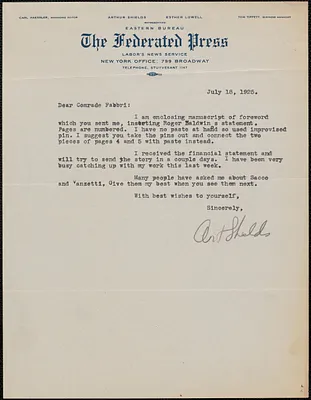 Art Shields (The Federated Press) typed letter signed to Amleto Fabbri, New York, N.Y, July 18, 1925