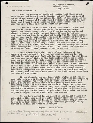 Emma Goldman typed letter (copy) to Bartolomeo Vanzetti and Nicola Sacco, Toronto, Ont., 18 July 1927