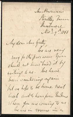 Emily Tennyson autograph letter signed to Mrs. Gatty, Mr. Newman's, Stoutley Farm, Haselmere, [Surrey, England], 9 November 1866