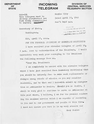 Telegram from George Messersmith to Secrertary of State Edward Stettinius