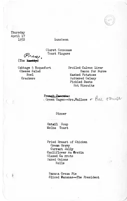 White House Luncheon and Dinner Menu