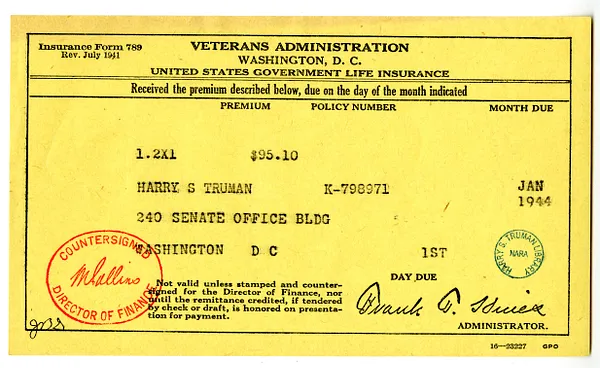 Insurance Premium Notice for Harry S. Truman, United States Veterans Administration