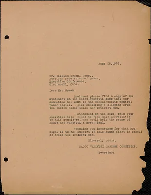 Sacco-Vanzetti Defense Committee typed letter (copy) to William Green (American Federation of Labor), Boston, Mass., June 26, 1926