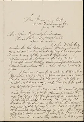 Nellie Blessing-Eyster autograph letter signed to [Victoria Woodhull Martin], San Francisco, January 17, 1904