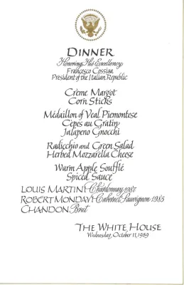 Cards-Menus, Dinner, Honoring His Excellency Francesco Cossiga President of the Italian Republic, The White House, October 11, 1989