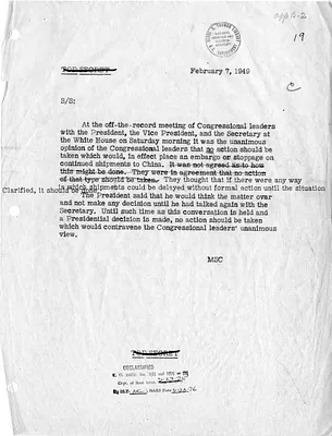 Memorandum of Off-the-Record Meeting with Secretary of State Dean Acheson, Congressional Leaders, the President, and the Vice President