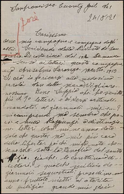 Joe Russo autograph letter signed, in Italian, to C. Zanchello, San Francisco, Calif., August 24, 1921