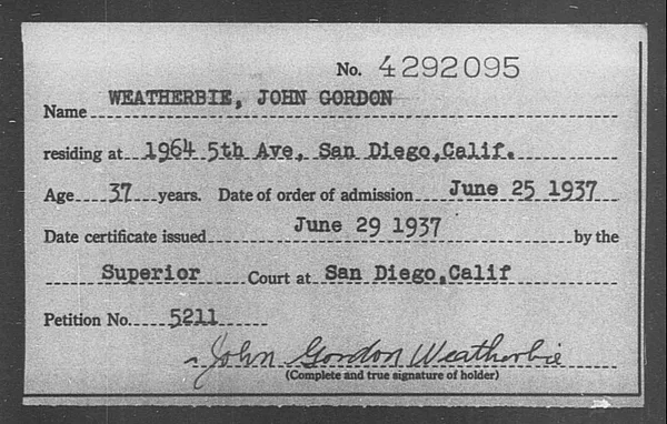 Weatherbie, John Gordon - 1937