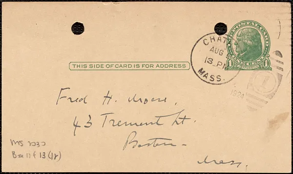 E[lizabeth] G[lendower] Evans autograph note signed (postcard) to Fred H. Moore, Chatham, Mass., August 5, 1924