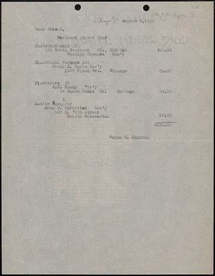 Selma C. Maximon typed letter (copy) to [Frank R. Lopez, Chicago, Ill.], August 9, 1922