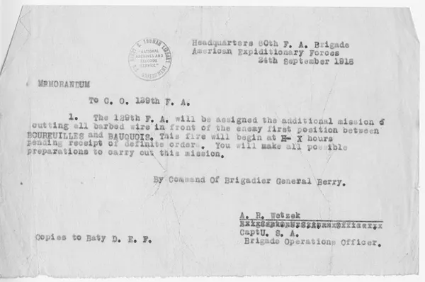 Memorandum to the Commanding Officer of the 129th Field Artillery from Captain A. R. Wetzek