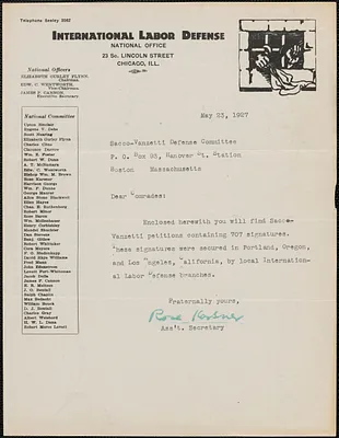 Rose Karsner (International Labor Defense) typed note signed to Sacco-Vanzetti Defense Committee, Chicago, Ill., May 23, 1927