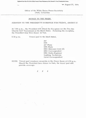 Addition to President's Schedule for Friday, August 27
