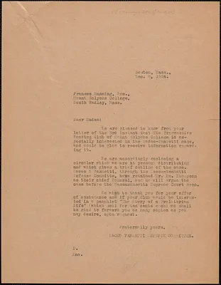 Sacco-Vanzetti Defense Committee typed letter (copy) to Frances Manning, Boston, Mass., December 8, 1924