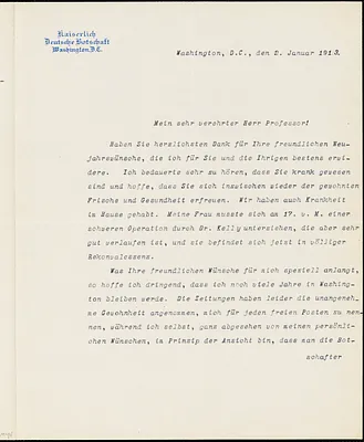 Bernstorff, Johann Heinrich, Graf von, 1862-1939 typed letter signed to Hugo Münsterberg, Washington, D.C., 02 January 1913