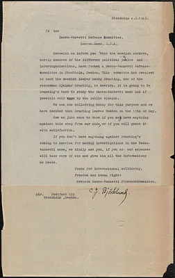 C. J. Björklund (Svenska Sacco-Vanzetti Försvarskommitten) typed letter signed to Sacco-Vanzetti Defense Committee, Stockholm, Sweden, April 5?, 1927