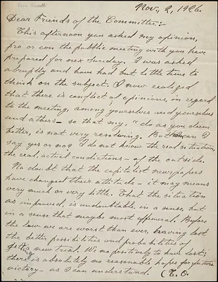 Bartolomeo Vanzetti typed letter to the Sacco-Vanzetti Defense Committee, [Charlestown], 2 November 1926