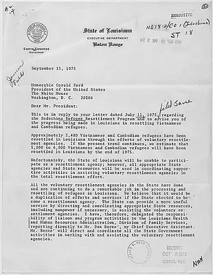 Letter from Edwin Edwards, Governor of the State of Louisiana, to President Gerald R. Ford regarding the Indochina refugee resettlement program.