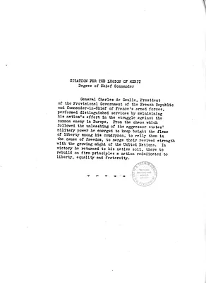 Citation for the Legion of Merit for General Charles de Gaulle