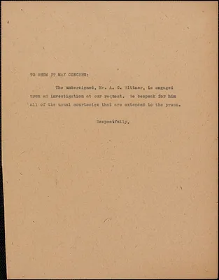 Typed note to whom it may concern, [1920-1927]