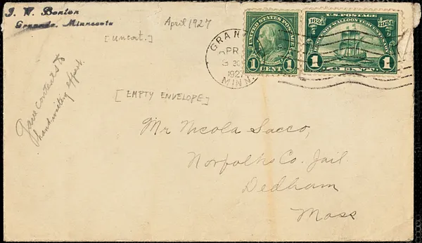 J.W. Benton empty envelope addressed to Nicola Sacco, Granda, Minn, April 1927