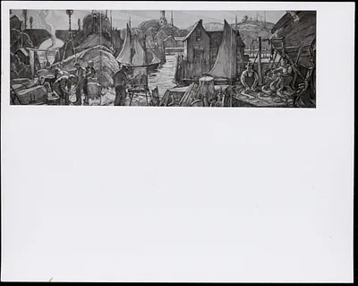 Mural of Rockport by W. Lester Stevens, oil on canvas, at the Rockport National Bank
