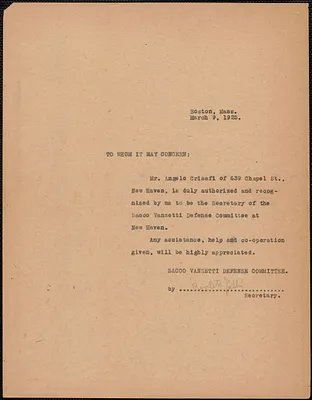 Amleto Fabbri (Sacco-Vanzetti Defense Committee) typed note signed (copy) to whom it may concern, Boston, Mass., March 9, 1925
