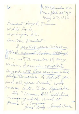 Letter from Jacob Oser to President Harry S. Truman